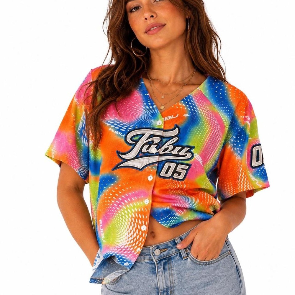 Forever 21 x FUBU 05 Rainbow Swirl Button-Up Jersey Top Y2K